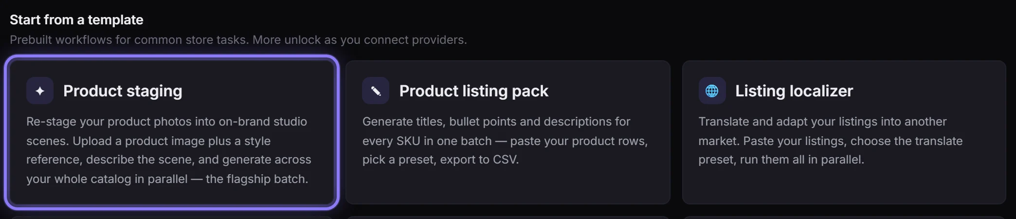 The Workflows page with the Product staging template outlined