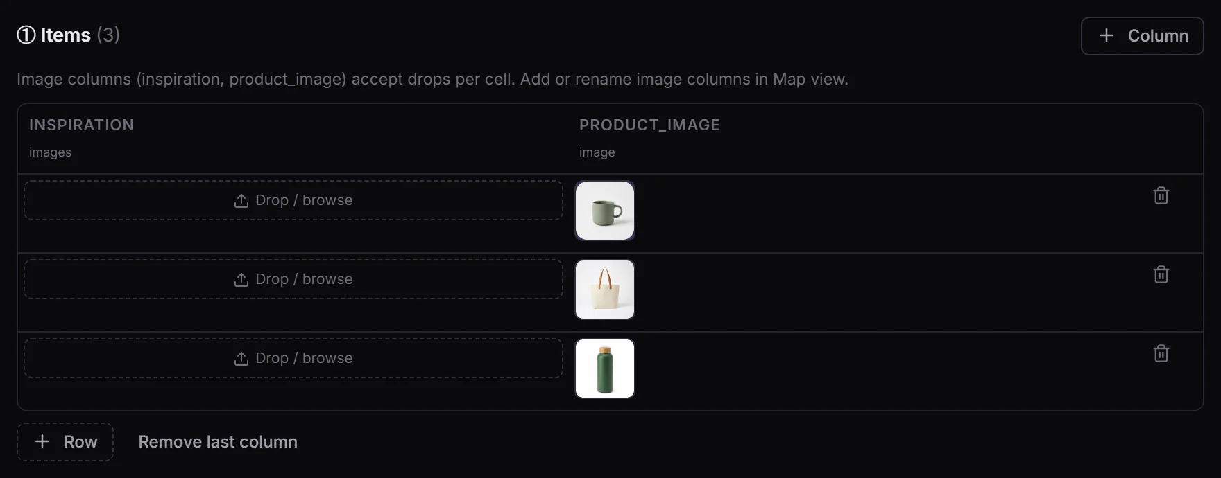 Three rows, each with its product photo in the product_image column