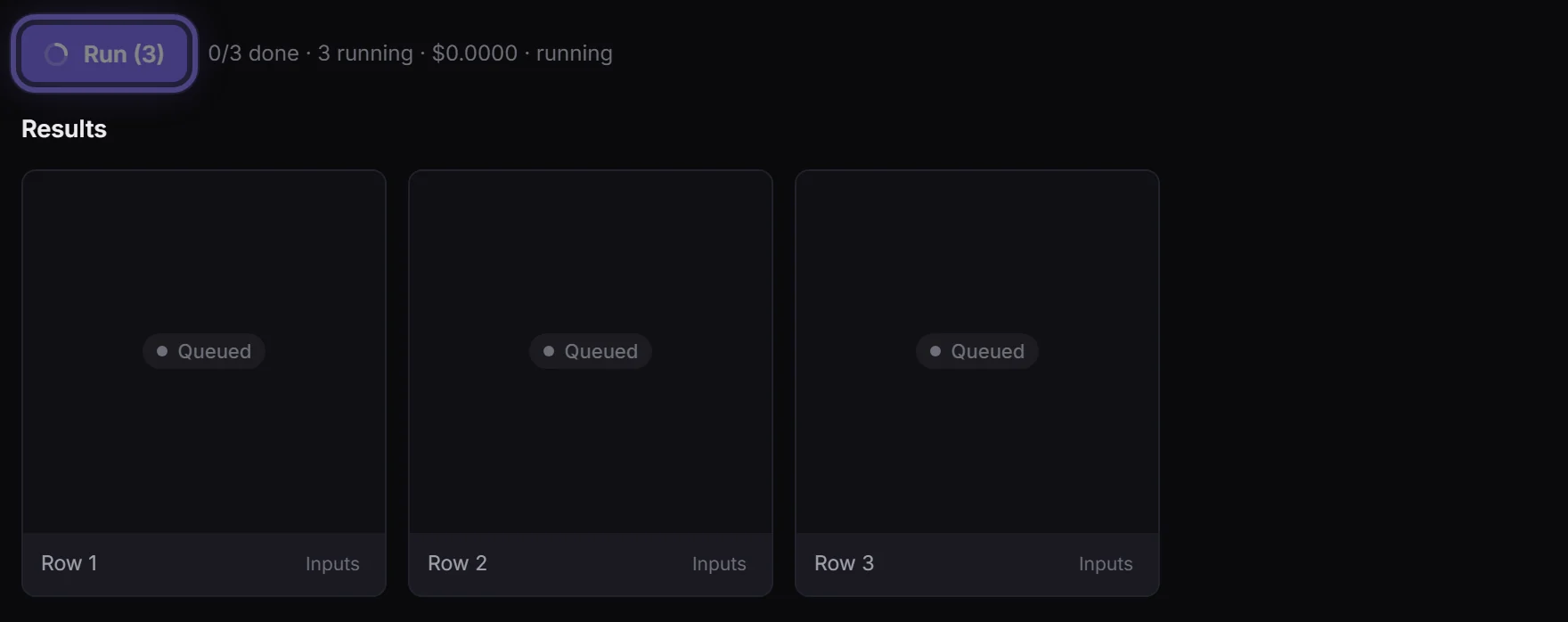 Run (3) pressed: 0/3 done, 3 running, and the three results queued