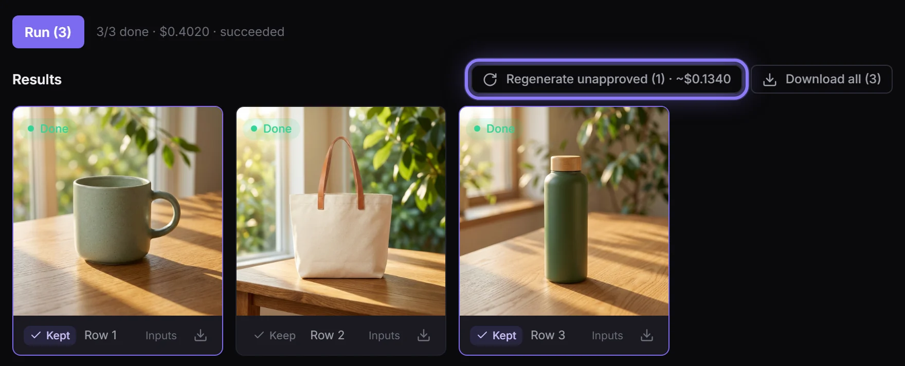 Two photos kept; Regenerate unapproved (1) would make only the third again, about $0.13