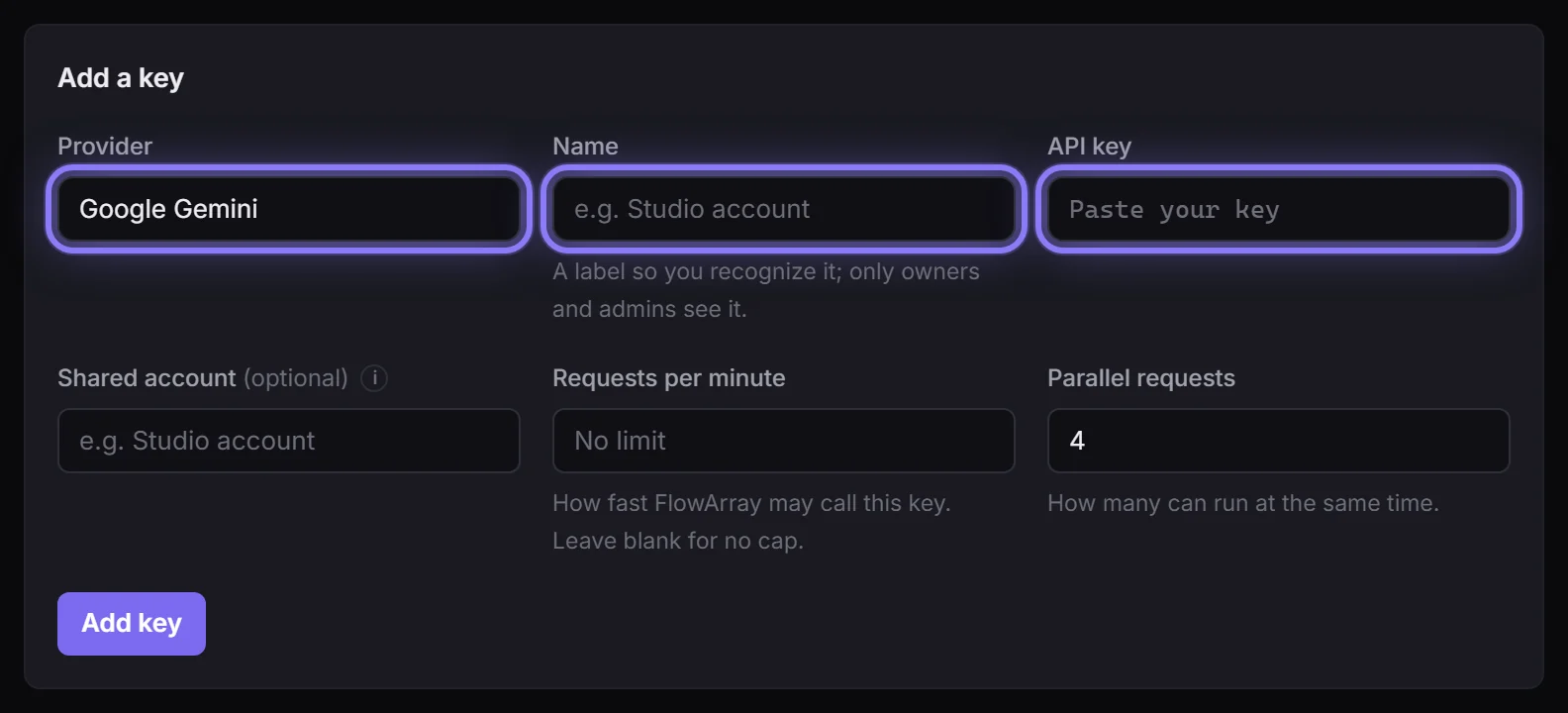 Add a key: the Provider, a Name you'll recognize, and the API key