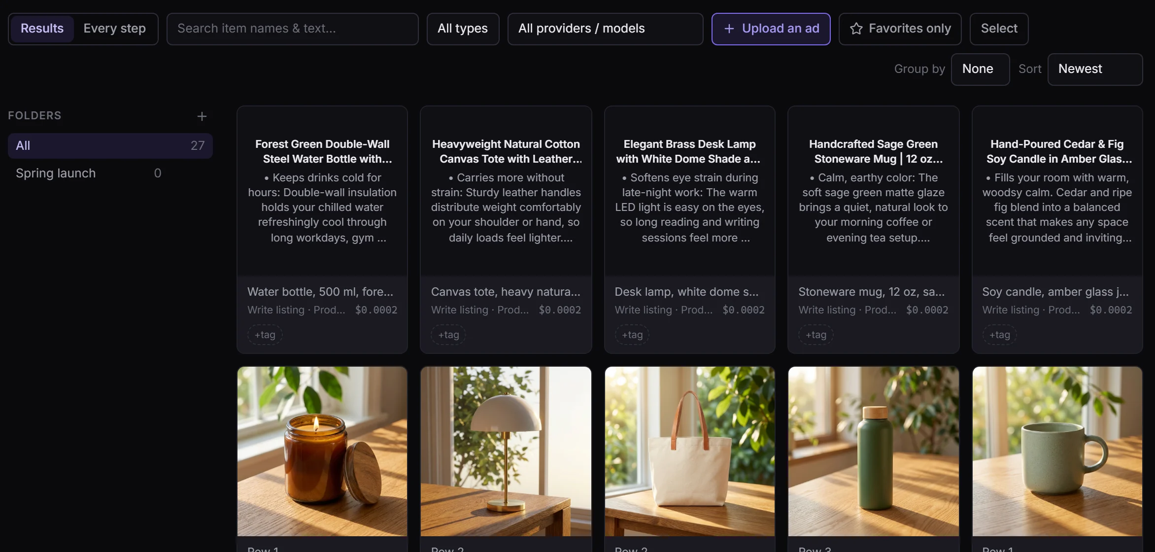 The Library on Results: newest first, text results as a title and a preview, images, Group by and Sort