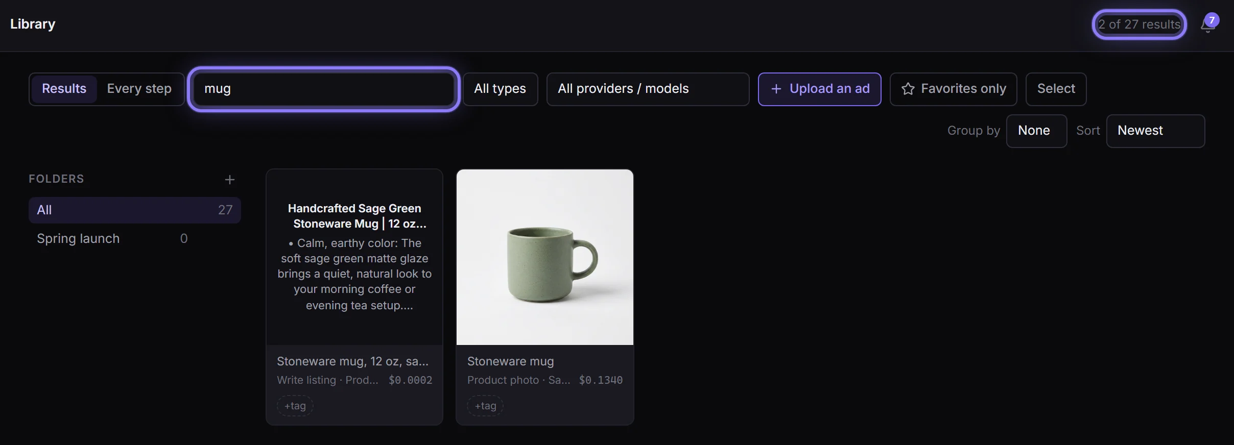A search for mug: 2 of 27 results, a listing and a product photo
