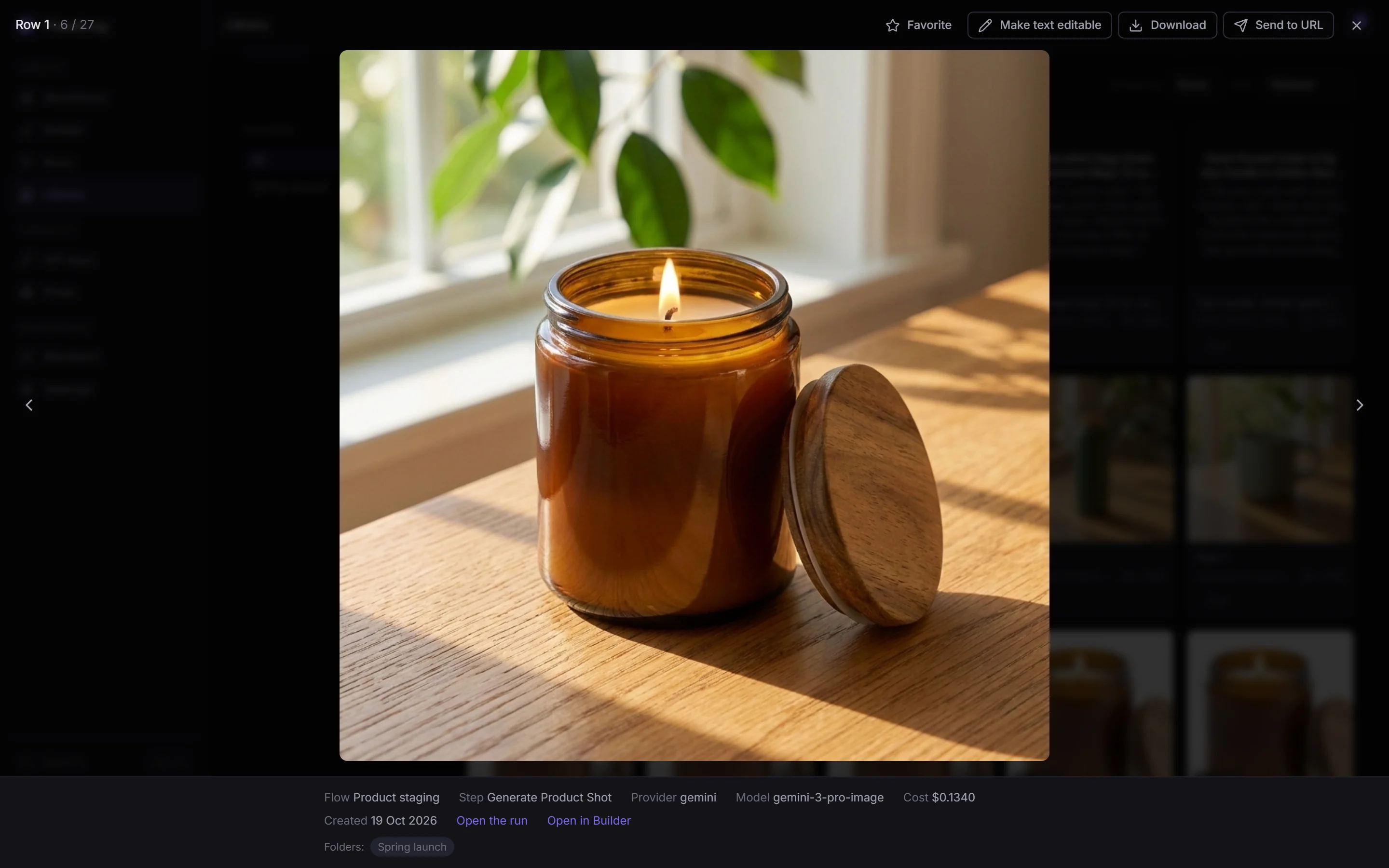 The viewer: the staged candle, with its flow, step, provider, model, cost, Open the run and Open in Builder