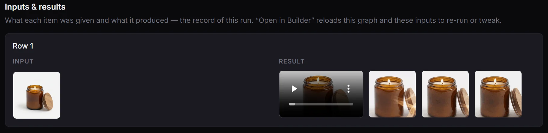 Inputs and results: what the item was given (a photo) and what it made (a video and three GIFs)