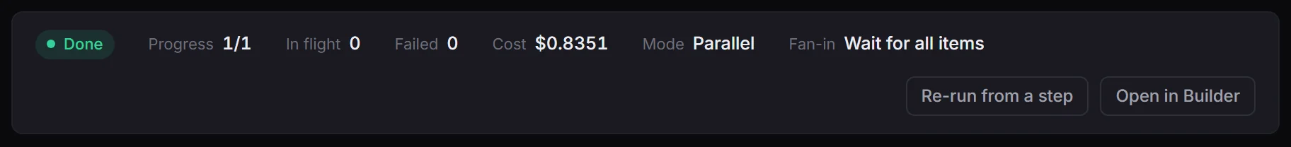 A finished run: Done, progress 1/1, its cost, and Re-run from a step and Open in Builder