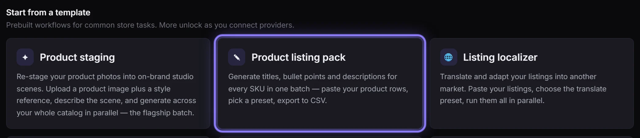 The Workflows page with the Product listing pack template outlined