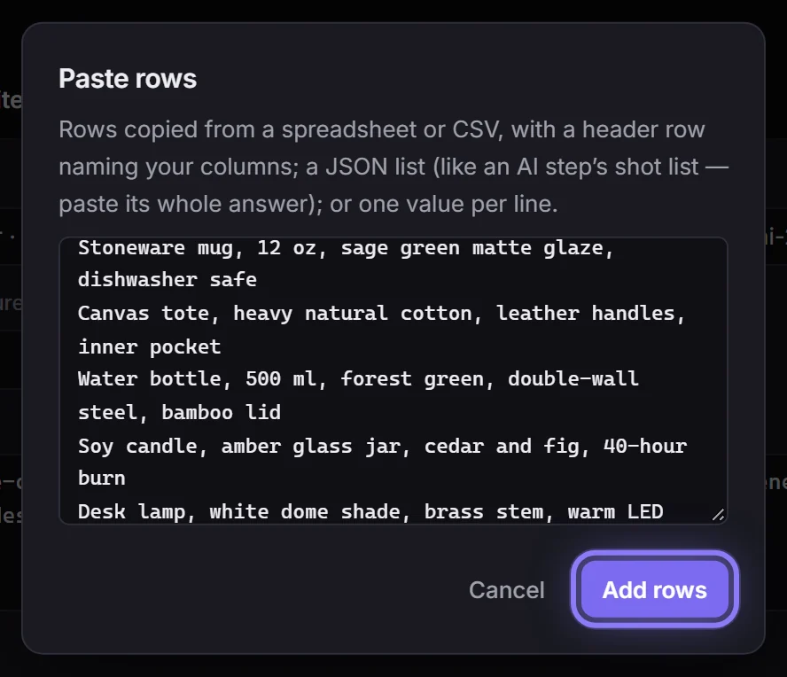 Paste rows: the copied column, header first, ready to add
