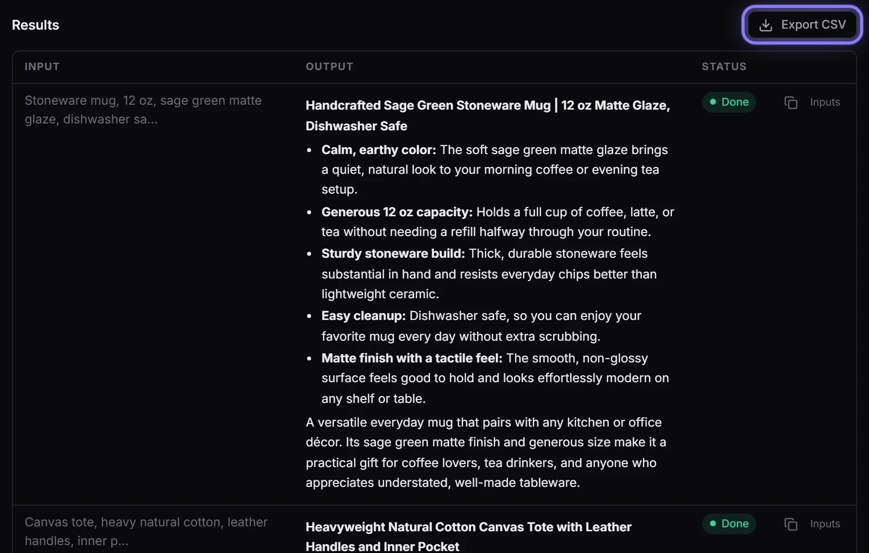 Results: each product's listing (a title, five bullet points, a description) and Export CSV