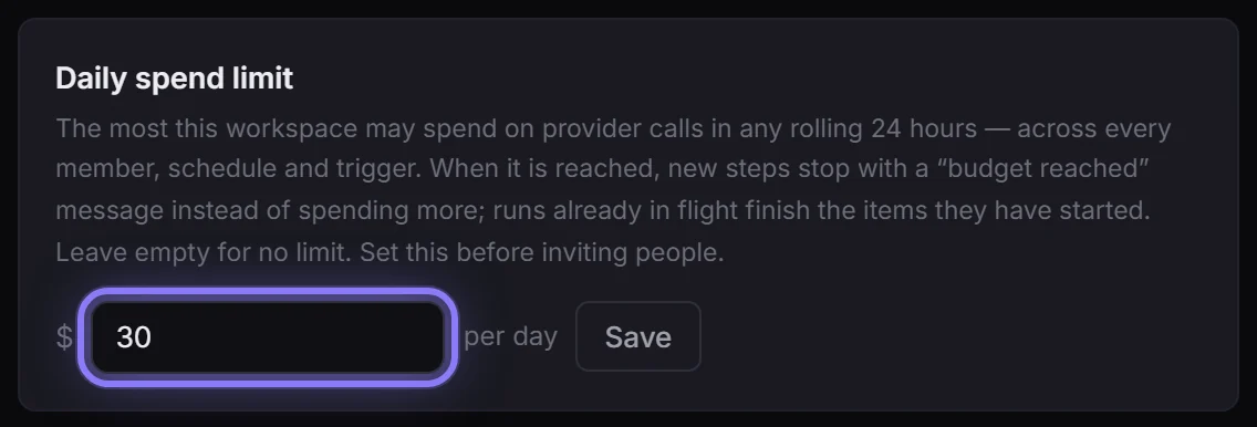 Settings, Workspace, Daily spend limit: here $30 a day