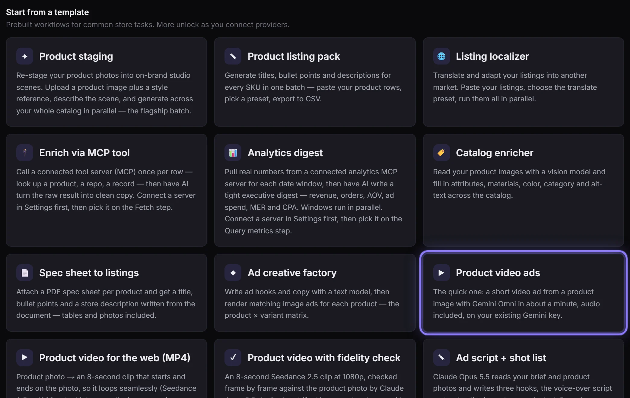 The Workflows page with the Product video ads template outlined