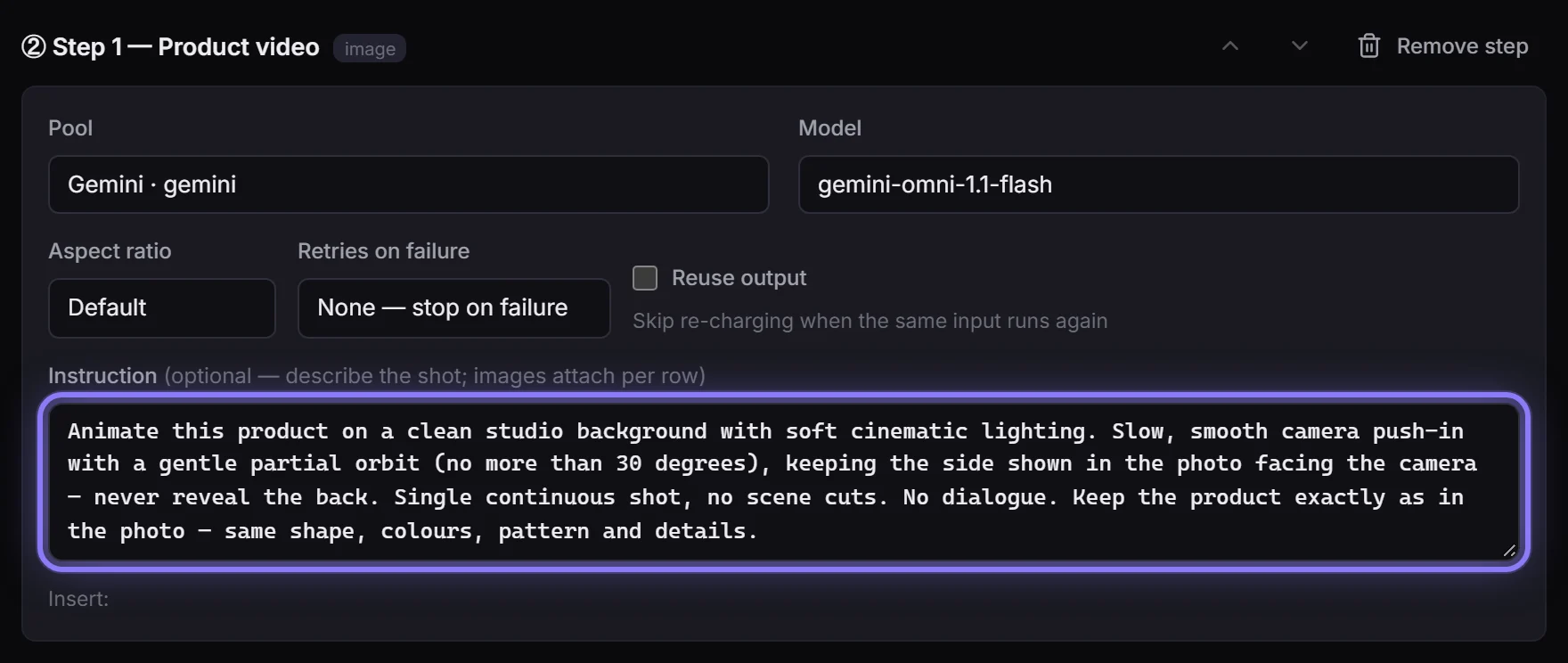 Step 1, Product video: the pool, the model and the prompt (Instruction)