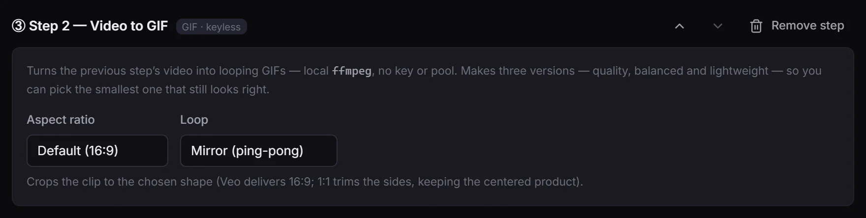 Step 2, Video to GIF: free, no key, three versions