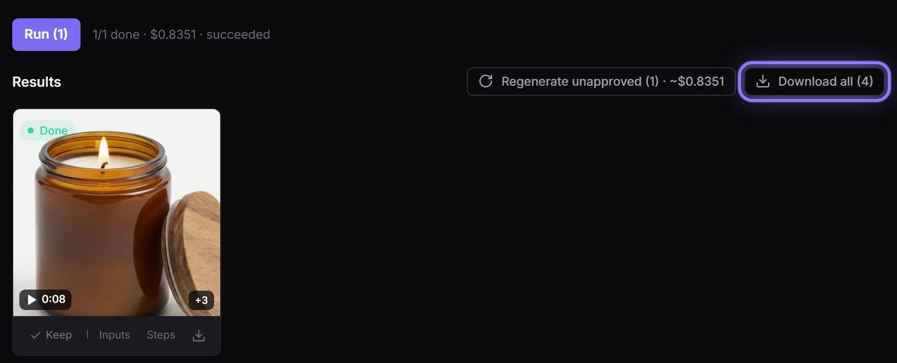 The run is done (1/1): the video in the results, +3 for its GIFs, and Download all (4)